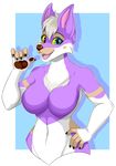  anthro big_breasts breasts canine fangs featureless_breasts female kammymau looking_at_viewer mammal navel nude open_mouth simple_background smile solo teeth tongue 
