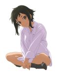  1girl black_hair black_socks breast_pocket brown_eyes closed_mouth collarbone collared_shirt dark-skinned_female dark_skin dress_shirt full_body hands_on_lap hashtag-only_commentary highres hikawa_shio indian_style long_sleeves looking_at_viewer no_pants pocket sano_keiichi shirt short_hair sidelighting sidelocks simple_background sitting smile socks solo strike_the_blood white_background white_shirt 