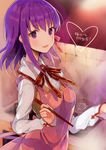  2016 apron artist_name bangs blush chopsticks dated eyebrows eyebrows_visible_through_hair fate/stay_night fate_(series) heart ichikura_tokage kitchen matou_sakura open_mouth purple_eyes purple_hair ribbon shirt solo tareme translation_request upper_body white_shirt 