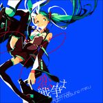  aqua_eyes aqua_hair aqua_neckwear black_footwear black_legwear blue_background boots character_name detached_sleeves floating_hair hatsune_miku holding koi_wa_sensou_(vocaloid) long_hair long_sleeves looking_to_the_side lucarios megaphone necktie pleated_skirt skirt solo song_name thigh_boots thighhighs twintails very_long_hair vocaloid 