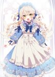  1girl blonde_hair blue_bow blue_brooch blue_choker blue_dress blue_hairband blurry blurry_background blush bow brooch choker dress drill_hair earrings frilled_dress frilled_hairband frills hair_between_eyes hairband indie_virtual_youtuber jewelry kuchinashi_rina long_hair long_sleeves looking_at_viewer mamyouda open_mouth puffy_long_sleeves puffy_sleeves solo standing star_(symbol) star_choker white_bow white_dress white_wings wings yellow_eyes 