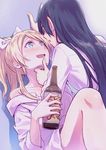  alcohol ayase_eli bangs beer blonde_hair blue_eyes blue_hair blush bottle bow commentary_request eye_contact finger_to_another's_chin hair_bow highres long_hair long_sleeves looking_at_another love_live! love_live!_school_idol_project multiple_girls no_pants off_shoulder ponytail sake_bottle shirt sonoda_umi sweatdrop swept_bangs wall_slam white_shirt yellow_eyes yukiiti yuri 