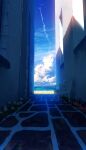  absurdres alley beach bench blue_sky building cloud contrail cumulonimbus_cloud day flower highres horizon no_humans ocean original outdoors pink_flower scenery sky smile_(qd4nsvik) stone_floor vanishing_point white_flower 