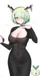 1girl black_choker black_dress blush breasts ceres_fauna choker cleavage collarbone dress flower green_eyes hair_flower hair_ornament hair_over_one_eye highres hololive hololive_english horns kotodekun large_breasts long_sleeves short_hair solo virtual_youtuber white_background 