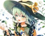  1girl :d black_hat blush buttons commentary_request diamond_button eyelashes falling_leaves floating_hair frilled_shirt_collar frilled_sleeves frills green_eyes green_hair hair_between_eyes hand_up happy hat hat_ribbon komeiji_koishi leaf long_sleeves looking_at_object medium_hair open_mouth ribbon sekisei_(superego51) shirt simple_background smile solo touhou tsurime upper_body water_drop wavy_hair white_background wide_sleeves yellow_ribbon yellow_shirt 