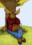 anthro antlers belly belly_fur big_belly body_hair bottomwear brown_body brown_fur chest_fur chest_tuft clothing deer denim denim_bottomwear denim_clothing fur grass happy_trail hi_res hooves horn jacket jeans male mammal merrick_(denverthedragon) moose musclegut muscular nap navel new_world_deer pants park pattern_clothing plaid plaid_clothing plaid_jacket plant relaxing simple_background sleeping solo sound_effects topwear tree tuft unknown_artist vowelless vowelless_sound_effect zzz