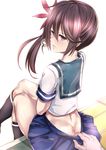  akebono_(kantai_collection) ass bad_id bad_pixiv_id bell black_legwear blue_skirt blush butt_crack flower from_behind hair_bell hair_between_eyes hair_flower hair_ornament hands jingle_bell kantai_collection kneehighs legs_together looking_at_viewer looking_back no_panties pink_flower pleated_skirt pulled_by_another purple_eyes purple_hair school_uniform serafuku shirt short_sleeves side_ponytail sitting skindentation skirt skirt_pull solo_focus tai_(nazutai) thighs white_shirt 