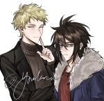 2boys alternate_eye_color atou_haruki black_eyes black_jacket blonde_hair blue_jacket brown_hair brown_sweater chinese_commentary closed_eyes closed_mouth commentary_request fur-trimmed_jacket fur_trim highres isoi_reiji jacket long_sleeves male_focus multiple_boys open_clothes open_jacket qianyouyelan red_shirt ribbed_sweater saibou_shinkyoku shirt short_hair simple_background smile step-siblings sweater turtleneck turtleneck_sweater white_background 