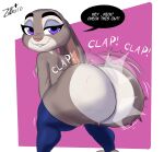  absurd_res anthro ass_clapping bedroom_eyes bent_over big_butt breasts butt disney english_text exclamation_point female hi_res huge_butt judy_hopps lagomorph leporid looking_at_viewer looking_back mammal mostly_nude multicolored_body narrowed_eyes onomatopoeia purple_eyes rabbit seductive side_boob smile solo sound_effects speech_bubble text thick_thighs two_tone_body za_barro zootopia 