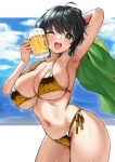  1girl absurdres alcohol arm_up armpits beer bikini black_hair blush breasts collarbone cowboy_shot cup gold_bikini green_eyes highres holding holding_cup kyoumachi_seika large_breasts letterboxed looking_at_viewer navel ocean one_eye_closed open_mouth short_hair side-tie_bikini_bottom smile solo standing swimsuit teeth tenneko_yuuri underboob upper_teeth_only voiceroid wet 