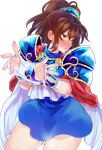  1girl arle_nadja armor blush brown_hair cloak eta_24 holding holding_clothes holding_panties holding_underwear miniskirt panties presenting_removed_panties profile puyopuyo skirt solo tearing_up underwear yellow_eyes 