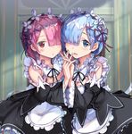  apron blue_eyes blue_hair blush detached_collar detached_sleeves dress frilled_dress frills hair_ornament hair_over_one_eye head_to_head interlocked_fingers looking_at_viewer maid maid_apron maid_headdress multiple_girls newey open_mouth pink_hair ram_(re:zero) re:zero_kara_hajimeru_isekai_seikatsu red_eyes rem_(re:zero) ribbon-trimmed_sleeves ribbon_trim short_hair siblings sisters twins x_hair_ornament 