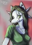 absurd_res anthro arctic_fox canid canine clothing cybernetics electronics female fox fur green_eyes green_hair hair hair_dye happy hi_res humanoid machine mammal pigtails sasha_(system_exception) sidpoke slim solo topwear true_fox white_body white_fur