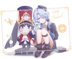  1boy animal black_bow black_coat black_footwear black_hat blue_eyes blue_hair blue_vest bow cellphone_photo cinder_block coat colored_eyelashes conductor csyday gloves happy hat honkai:_star_rail honkai_(series) light_blue_hair misha_(honkai:_star_rail) pocket_watch pom-pom_(honkai:_star_rail) ponytail purple_eyes rabbit selfie smile train_conductor vest watch white_background white_gloves 