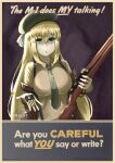  1girl beret blonde_hair breasts brown_shirt clip_(weapon) en_bloc_clip english_text girls&#039;_frontline green_eyes green_hat green_necktie gun hair_ornament hairclip hat highres holding holding_clip_(weapon) holding_gun holding_weapon large_breasts long_hair m1_garand m1_garand_(girls&#039;_frontline) maikeruexe necktie poster_(medium) poster_parody rifle shirt solo weapon world_war_ii 