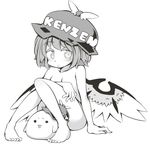  :&lt; animal_ears arm_at_side arm_support barefoot blush breasts clothes_writing feet full_body greyscale hat jagabutter jewelry knees_together_feet_apart knees_up looking_at_viewer monochrome mystia_lorelei mystia_lorelei_(bird) nude pigeon-toed short_hair simple_background single_earring sitting small_breasts solo toes touhou translated wings 