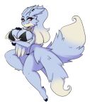 2024 absurd_res anthro arm_under_breasts big_breasts bikini black_bikini black_clothing black_swimwear blue_body blue_fur breasts clothing ear_piercing ear_ring eyebrows eyelashes feet female fur generation_5_pokemon hand_on_breast hi_res i_am_kat95 legendary_pokemon looking_at_viewer nintendo piercing pokemon pokemon_(species) red_eyes reshiram ring_piercing solo swimwear thick_thighs white_body white_fur