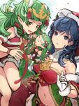  2girls :o bare_shoulders blue_eyes blue_hair breasts byleth_(female)_(fire_emblem) byleth_(female)_(frosty_professor)_(fire_emblem) byleth_(fire_emblem) character_doll christmas commentary_request doll dress fire_emblem fire_emblem:_three_houses fire_emblem_heroes floating fur-trimmed_dress fur-trimmed_gloves fur_trim gloves green_eyes green_hair grey_background haru_(nakajou-28) highres holding holding_doll long_hair medium_breasts midriff multiple_girls navel official_alternate_costume red_dress santa_costume simple_background smile sothis_(fire_emblem) sothis_(winter)_(fire_emblem) stomach sweatdrop twintails very_long_hair white_gloves 