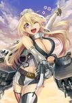  american_flag_legwear belt blonde_hair blue_eyes breasts cannon cleavage cloud elbow_gloves eyebrows_visible_through_hair fingerless_gloves front-tie_top garter_straps gloves headgear hokuto_shinken iowa_(kantai_collection) kantai_collection large_breasts long_hair machinery miniskirt mismatched_legwear navel one_eye_closed open_mouth pointing skirt smile solo star star-shaped_pupils striped striped_legwear sunset symbol-shaped_pupils thighhighs turret vertical-striped_legwear vertical-striped_skirt vertical_stripes 