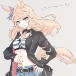  1girl animal_ears bandeau belt black_coat blonde_hair blue_eyes breasts choker cleavage coat denim denim_shorts ear_ornament gold_city_(umamusume) grey_background hand_on_own_hip hand_on_own_stomach horse_ears horse_girl horse_tail inutose long_hair long_sleeves looking_at_viewer midriff multicolored_nails navel open_clothes open_coat open_mouth shorts simple_background small_breasts smile solo standing tail twitter_username umamusume 