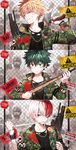  3boys assault_rifle axe bad_id bad_pixiv_id badge bakugou_katsuki bandaged_arm bandages bangs belt birthday blonde_hair blood blood_on_face bloody_bandages blue_eyes boku_no_hero_academia bruise buckle burn_scar camouflage chain-link_fence chain_necklace closed_mouth clothes_writing copyright_name dated fence finger_on_trigger frown green_eyes green_hair gun hair_between_eyes head_tilt height holding holding_gun holding_weapon hood hooded_jacket injury jacket jewelry long_sleeves looking_at_viewer looking_to_the_side male_focus midoriya_izuku military military_uniform mouth_hold multicolored_hair multiple_boys number pocket red_eyes red_hair rifle road_sign scar shirt sign skull_print smirk spoon_(jesing) string thumb_ring todoroki_shouto torn_clothes torn_shirt traffic_light two-tone_hair uniform upper_body warning_sign weapon weapon_on_back white_hair wristband zombie 