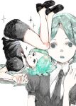  1other androgynous aqua_eyes aqua_hair black_footwear black_necktie black_shorts crystal_hair gem_uniform_(houseki_no_kuni) hand_on_own_shoulder highres houseki_no_kuni legs_up looking_at_viewer lying mx97rw necktie on_back open_mouth phosphophyllite puffy_sleeves short_hair short_sleeves shorts solo sparkle teeth upper_teeth_only 