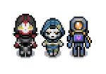  1girl 2boys apex_legends ash_(titanfall_2) black_sclera colored_sclera hato_(hatobatobird) hood hood_up humanoid_robot looking_at_viewer multiple_boys one-eyed pathfinder_(apex_legends) pixel_art revenant_(apex_legends) robot simple_background simulacrum_(titanfall) solid_eyes white_background 