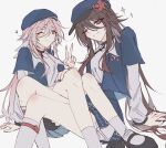  2girls antlers black_nails blue_hat blue_shirt blue_skirt brown_hair flower flower-shaped_pupils genshin_impact green_eyes grey_background hand_on_another&#039;s_leg hat hat_flower heart highres horns hu_tao_(genshin_impact) kneehighs layered_sleeves long_hair long_sleeves looking_at_viewer multiple_girls nutthanunkhomk1 one_eye_closed open_clothes open_shirt pink_hair red_flower shirt short_over_long_sleeves short_sleeves simple_background sitting skirt smile socks sparkle symbol-shaped_pupils v white_shirt white_socks yanfei_(genshin_impact) yuri 