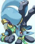  2023 3_fingers 3_toes ambiguous_gender anthro big_tail black_body black_fur blue_body blue_fur butt clothed clothing ekcdayo fangs feet fingers fur generation_4_pokemon hi_res looking_at_viewer lucario nintendo open_mouth partially_clothed pokemon pokemon_(species) pokemon_unite red_eyes solo spikes spikes_(anatomy) tail tan_body tan_fur teeth toes upside_down 