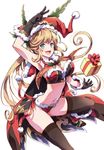  :d arched_back arm_up armpits bare_shoulders black_footwear black_gloves black_legwear blonde_hair blush box breasts cape clarisse_(granblue_fantasy) cleavage commentary_request gift gift_box gloves granblue_fantasy green_eyes hat high_heels kaishaku large_breasts long_hair looking_at_viewer navel open_mouth panties ponytail red_panties santa_costume santa_hat shoes sidelocks sleeveless smile solo thighhighs underwear v white_background 