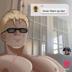  1boy bara blonde_hair cover_them_up_slut_(meme) dark-skinned_male dark_skin facial_hair goatee honkai:_star_rail honkai_(series) indoors large_pectorals looking_at_viewer male_focus mature_male meme muscular muscular_male nipples nude pectorals scar scar_on_chest shambles_sm short_hair solo sunglasses thick_eyebrows upper_body user_interface woolsey_(honkai:_star_rail) 