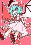  absurdres bangs bat_wings blue_hair bow chibi dress eyebrows eyebrows_visible_through_hair flying frilled_dress frilled_legwear frills grin hat hat_bow highres mob_cap oninamako pink_background pink_dress puffy_short_sleeves puffy_sleeves red_eyes remilia_scarlet shoes short_hair short_sleeves sketch smile solo spear_the_gungnir touhou wings 