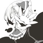  :d ascot danmaku darkness dress fang greyscale hair_ribbon jagabutter looking_at_viewer monochrome open_mouth outstretched_arms ribbon rumia short_hair slit_pupils smile solo touhou 