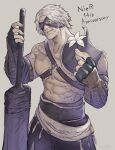  1boy abs black_gloves commentary fingerless_gloves flower gloves highres holding holding_flower holding_sword holding_weapon male_focus mature_male nier nier_(old) nier_(series) one_eye_closed short_hair smile solo standing sword teeth weapon white_flower white_hair ya_su_yu_ki 