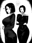  1girl absurdres black_dress blush bob_cut breasts dress from_side highres itadori_jin itadori_kaori jujutsu_kaisen large_breasts masoq monochrome scar scar_on_face scar_on_forehead short_hair smile solo thinking tongue tongue_out wide_hips 