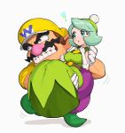  ! 1boy 1girl blue_eyes blush carrying dress facial_hair gloves gonzarez green_dress green_footwear green_hair green_hat grin hat highres mustache overalls parted_lips princess_carry purple_overalls queen_merelda shirt smile thick_eyebrows wario wario_land wario_land:_shake_it! white_gloves yellow_hat yellow_shirt 