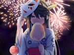  @ichigo black_hair blush cropped fireworks headdress japanese_clothes kantai_collection kongou_(kancolle) long_hair mask night yukata 