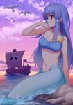  absurdres animal aqua_(di_gi_charat) arm_at_side bad_id bad_pixiv_id bangs bird blue_eyes blue_hair blurry boat breasts cleavage closed_mouth cloud crop_top depth_of_field di_gi_charat eyebrows eyebrows_visible_through_hair flag gradient hair_tubes highres long_hair medium_breasts mermaid monster_girl navel ocean outdoors profile purple_sky rock seagull sidelocks single_strap sitting skull_print sky smile solo star_(sky) stomach twilight ume_ren watercraft 