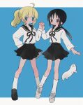  2girls :3 ahoge black_eyes black_footwear black_hair black_skirt blonde_hair blue_eyes blush chito_(shoujo_shuumatsu_ryokou) closed_mouth highres holding_hands long_hair long_sleeves looking_at_viewer low_twintails multiple_girls nuko_(shoujo_shuumatsu_ryokou) pleated_skirt ri_(qrcode) short_hair short_ponytail shoujo_shuumatsu_ryokou skirt socks twintails white_footwear white_socks yuuri_(shoujo_shuumatsu_ryokou) 