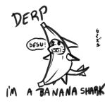 2015 anthro banana clothing costume dialogue dorsal_fin english_text fin fish food fruit full-length_portrait group japanese_text line_art long_tail male marine monochrome pectoral_fin plant portrait shark sharp_teeth snout speech_bubble tail tamazuki_akiyama teeth text trio