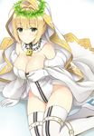  ahoge arm_at_side bangs bare_shoulders belt_buckle blonde_hair blunt_bangs boots breasts bridal_veil buckle chain cleavage closed_mouth detached_collar detached_sleeves dress elbow_gloves eyebrows eyebrows_visible_through_hair fate/extra fate/extra_ccc fate/grand_order fate_(series) gloves green_eyes groin hair_intakes head_wreath high_heel_boots high_heels highleg highleg_leotard highres holding large_breasts leotard lock long_sleeves looking_at_viewer mizunashi_kenichi nero_claudius_(bride)_(fate) nero_claudius_(fate)_(all) padlock shiny shiny_skin short_hair sitting smile solo thigh_boots thigh_strap thighhighs veil wedding_dress white_footwear white_gloves white_legwear white_sleeves wide_sleeves wreath yokozuwari zipper 