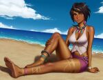  1girl anklet arm_support barefoot black_hair breasts choker cleavage closed_mouth cloud commentary dark-skinned_female dark_skin day earrings feet highres jewelry knees looking_at_viewer mangho nail_polish navel necklace olivia_(pokemon) outdoors pokemon pokemon_sm purple_shorts sand shirt shore shorts sitting sky sleeveless sleeveless_shirt smile toenail_polish toenails toes water wristband 