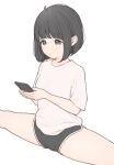  1girl 1ssakawaguchi absurdres black_eyes black_hair black_shorts blush bob_cut closed_mouth commentary dolphin_shorts highres holding holding_phone ichika_(1ssakawaguchi) looking_at_phone original phone shirt short_hair short_sleeves shorts solo split stretching symbol-only_commentary thighs white_shirt 