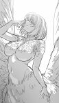  1girl absurdres blush breasts chimera commentary_request dungeon_meshi falin_touden falin_touden_(chimera) feathers greyscale hand_up highres large_breasts licking_lips looking_at_viewer medium_hair monochrome monster_girl navel nude solo tongue tongue_out wings yayoi_maka 