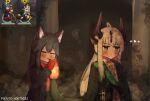  ... 2girls ahoge animal_ears arknights black_coat black_hair blonde_hair blush closed_eyes coat commentary_request english_commentary flame-tipped_tail green_eyes highres horns lighting_cigarette mixed-language_commentary multiple_girls pixiv_id ponytail reed_(arknights) reference_inset smoking tail texas_(arknights) turnip_eh 