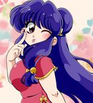  ;p akanbe bell chinese_clothes commentary_request double_bun floral_background hair_ornament highres looking_at_viewer one_eye_closed purple_hair ranma_1/2 ribbon shampoo_(ranma_1/2) smile solo suzusato_rinka tongue tongue_out 