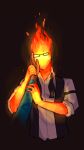 2015 5_fingers bow_tie caressing_face clothed clothing digital_drawing_(artwork) digital_media_(artwork) dress_shirt earless elemental_creature elemental_humanoid eyeless eyewear fingers fire fire_creature fire_humanoid flaming_hair glasses_on_face grillby half-length_portrait hand_on_head heyneon hi_res human humanoid male mammal noseless open_clothing open_topwear open_vest portrait pseudo_hair rolled_up_sleeves shirt simple_background solo_focus topwear undertale undertale_(series) untied_bow_tie vest