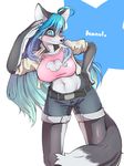 &lt;3 &lt;3_eyes 2016 anthro big_breasts blue_hair blush breasts canine chaora clothed clothing dog ears_up english_text female fur grey_fur hair hanul huge_breasts husky kemono long_hair looking_at_viewer mammal navel shorts simple_background smile solo text torn_clothing white_fur 