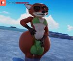 2023 3d_(artwork) anthro beach bikini bikini_bottom bikini_top biped black_nose bulge camseven canid canine clothed clothing cloud countershade_face countershade_torso countershading crossdressing detailed_background detailed_bulge digital_media_(artwork) disney eyewear fangs fox fur genital_outline green_bikini green_bikini_bottom green_bikini_top green_clothing green_swimwear hand_on_bulge hand_on_hip hi_res huge_thighs looking_at_viewer male male_anthro mammal multicolored_body multicolored_fur navel nick_wilde open_mouth open_smile orange_body orange_fur outside penis_outline red_fox sea sky smile solo standing sunglasses swimwear teeth thick_thighs true_fox water white_body white_fur wide_hips zootopia