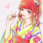  1girl blunt_bangs candy continentalred2008 earrings food gnosia hair_bun heart heart_earrings heart_tattoo high_ponytail highres holding holding_candy holding_food holding_lollipop japanese_clothes jewelry kimono lollipop long_hair long_sleeves looking_at_viewer nail_polish red_hair single_hair_bun smile solo sq_(gnosia) tattoo upper_body 